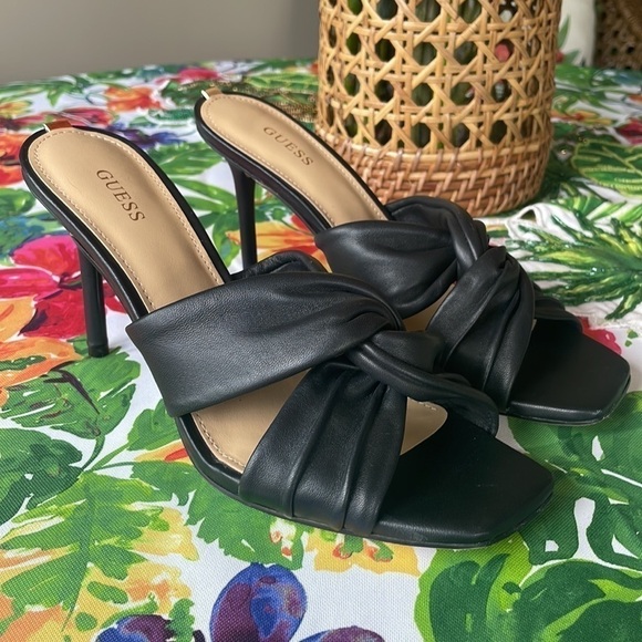 Brand New Guess Genuine Leather Black Heeled Sandals Knotted Slip-On Stilettos - Picture 8 of 16